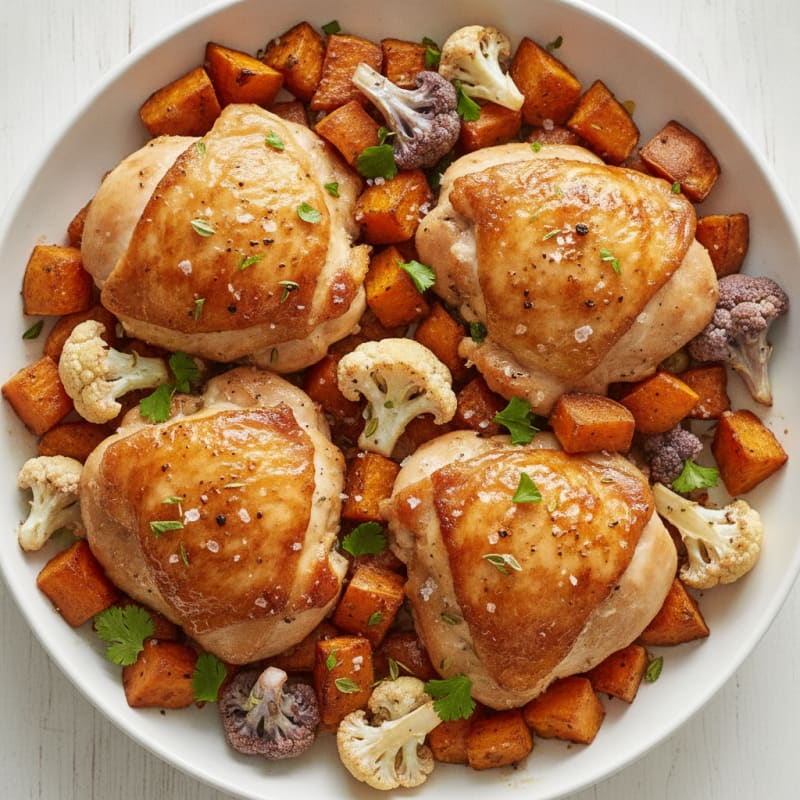 Roasted Chicken Thighs with Sweet Potatoes and Cauliflower