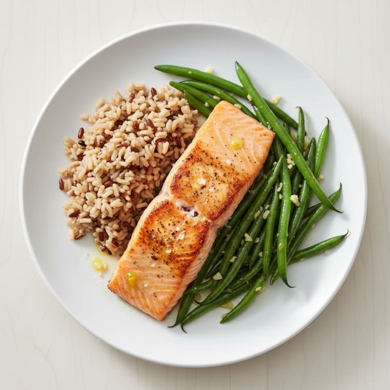 Seared Salmon Fillet with Garlic Green Beans and Brown Rice