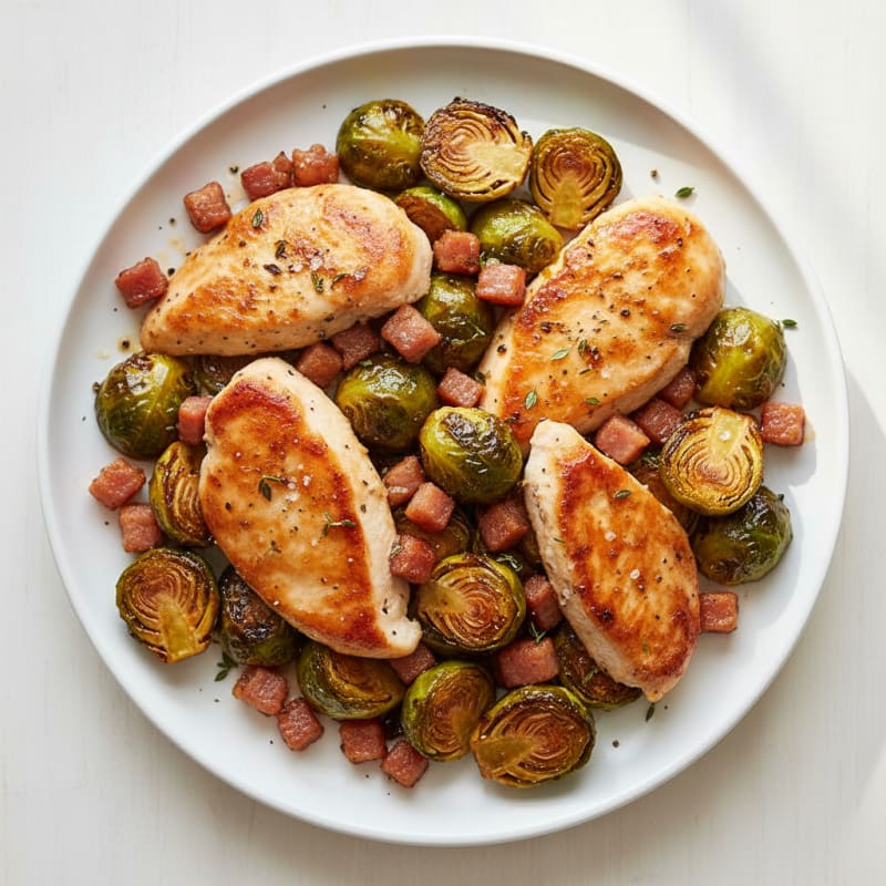 Caramelized Balsamic Brussels Sprouts with Crispy Pancetta & Chicken