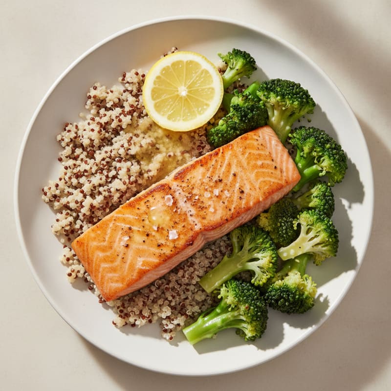 Seared Salmon with Steamed Broccoli and Quinoa