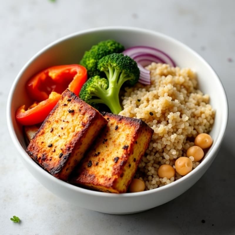 Crispy Baked Tofu and Roasted Vegetable Quinoa Bowl with Creamy Tahini Dressing