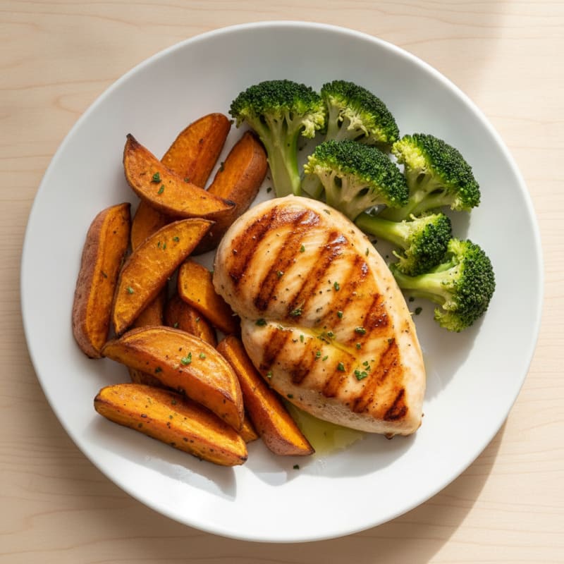 Grilled Chicken Breast with Roasted Sweet Potato and Steamed Broccoli