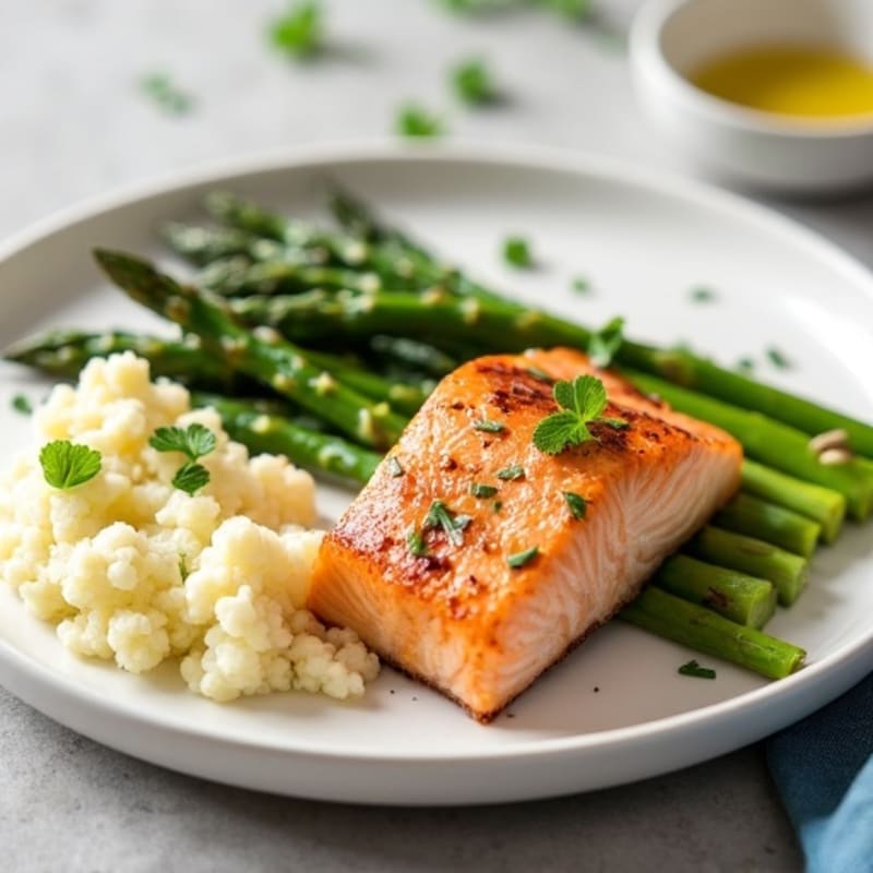 Seared Salmon Fillet with Steamed Asparagus and Garlic Mashed Cauliflower