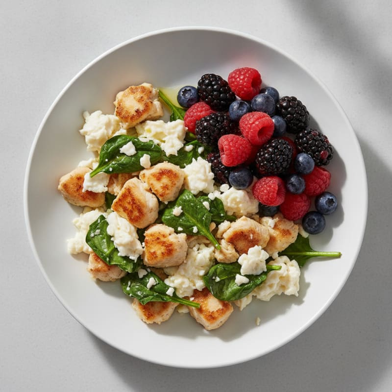 Egg White and Chicken Breast Scramble with Fresh Spinach and Berries