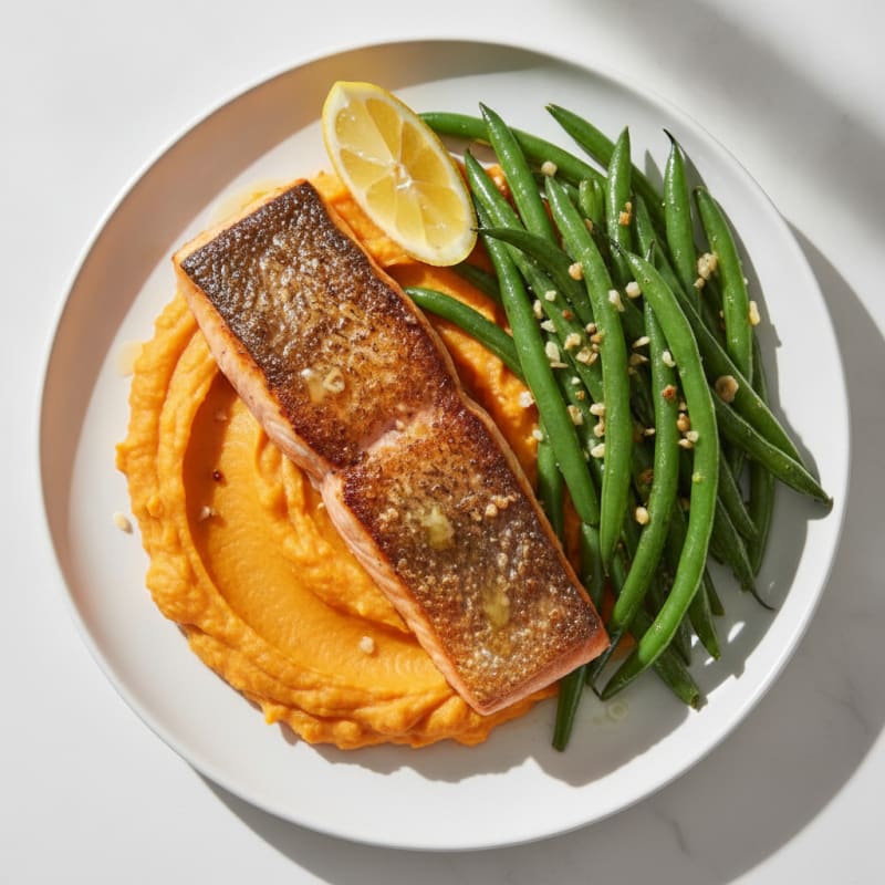 Seared Salmon with Garlic Green Beans and Sweet Potato Mash