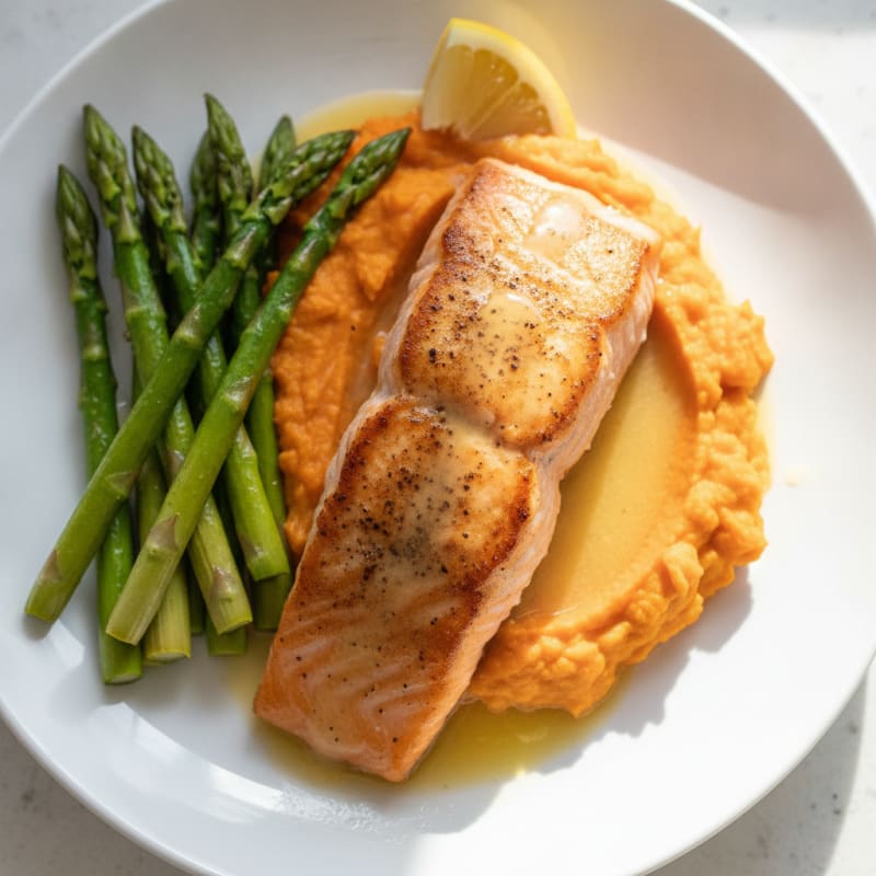 Pan-Seared Salmon with Roasted Asparagus and Sweet Potato Mash