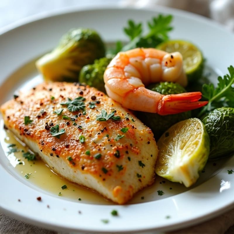 Herb-Crusted Tilapia and Garlic Shrimp with Roasted Brussels