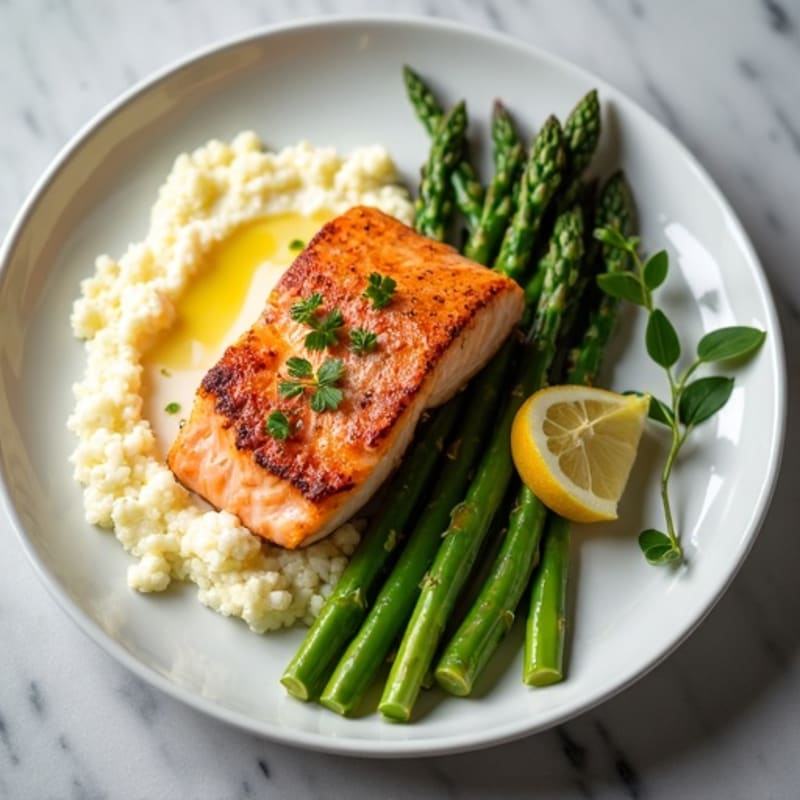 Seared Salmon with Roasted Asparagus and Cauliflower Mash