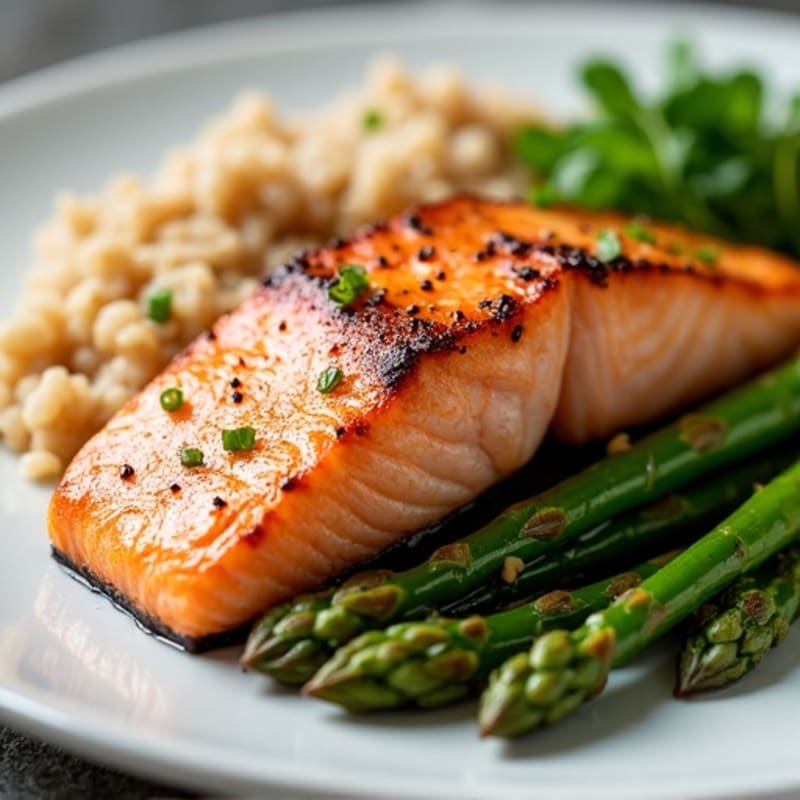 Seared Salmon with Steamed Asparagus and Brown Rice