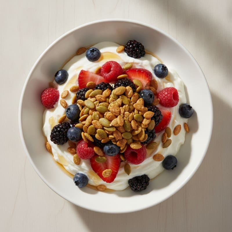 Creamy Greek Yogurt Parfait with Mixed Berries and Pumpkin Seeds