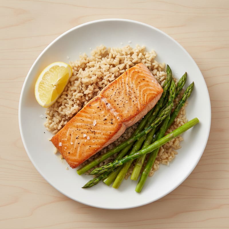 Seared Salmon with Steamed Asparagus and Brown Rice