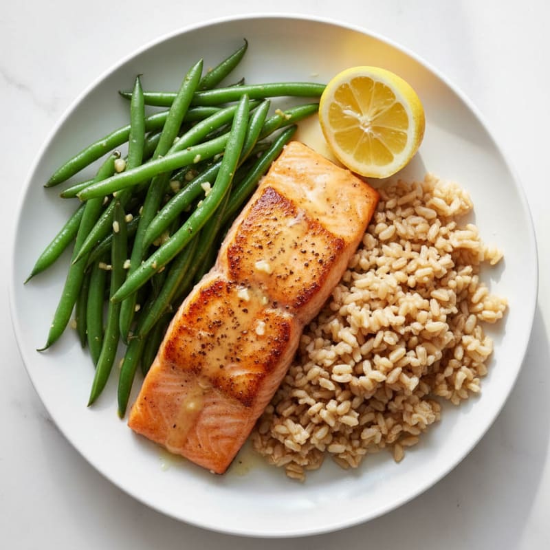 Seared Salmon with Garlic Green Beans and Steamed Brown Rice