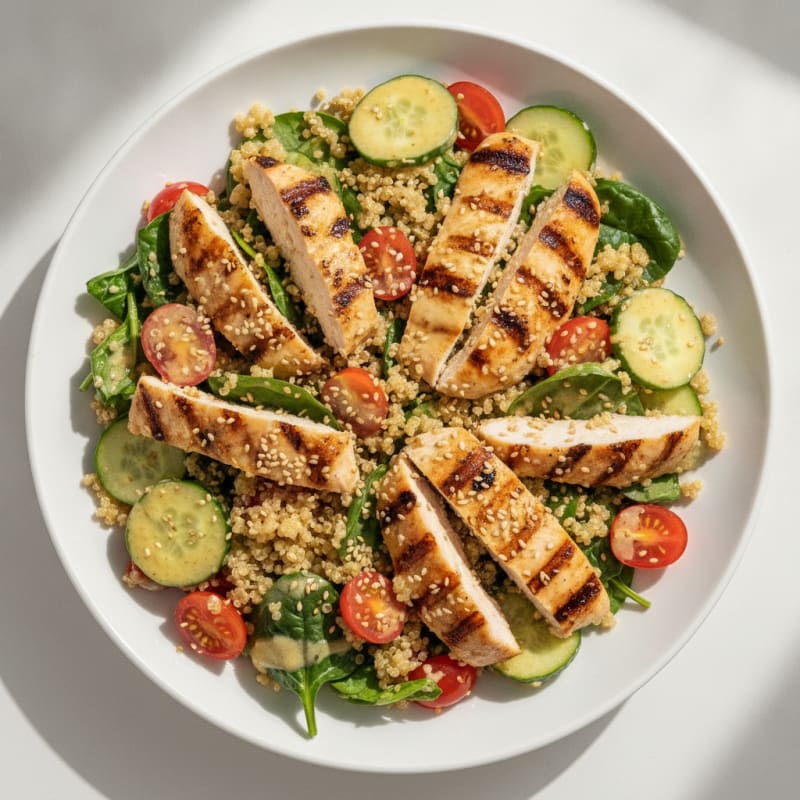 Grilled Chicken and Quinoa Salad with Lemon-Tahini Dressing