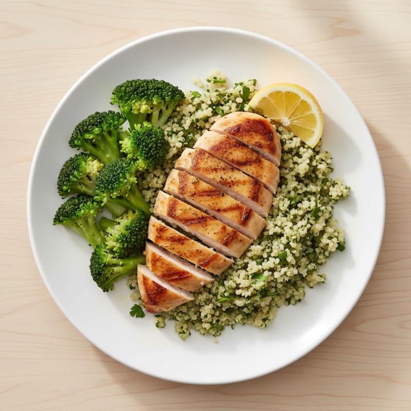 Seared Chicken Breast with Herb Quinoa and Steamed Broccoli