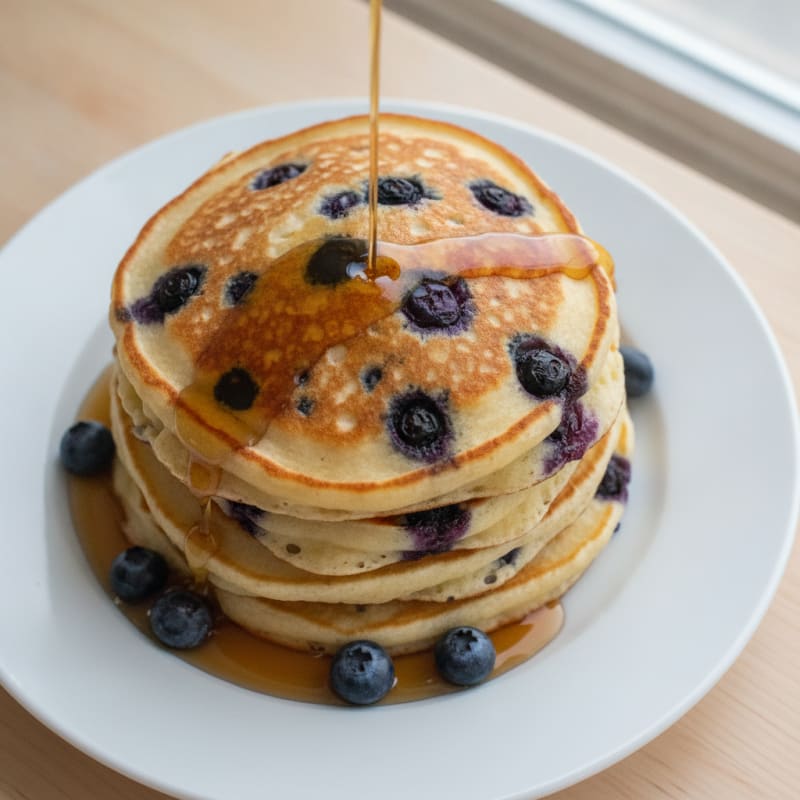 Blueberry Ricotta Pancakes with Maple Syrup