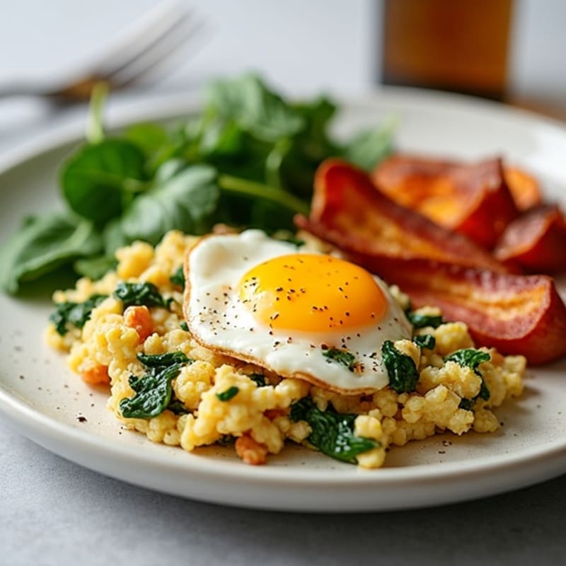 Egg White Spinach Scramble with Turkey Bacon and Roasted Sweet Potato