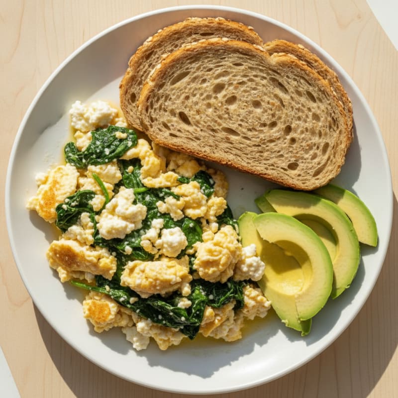 Scrambled Eggs with Cottage Cheese and Sautéed Spinach