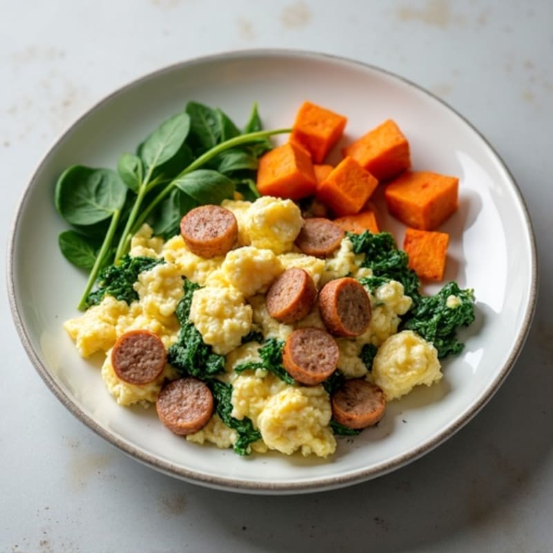 Egg White Spinach Scramble with Turkey Sausage and Roasted Sweet Potato