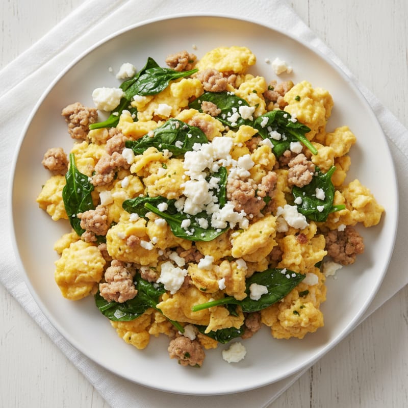 Scrambled Eggs with Sautéed Turkey and Spinach