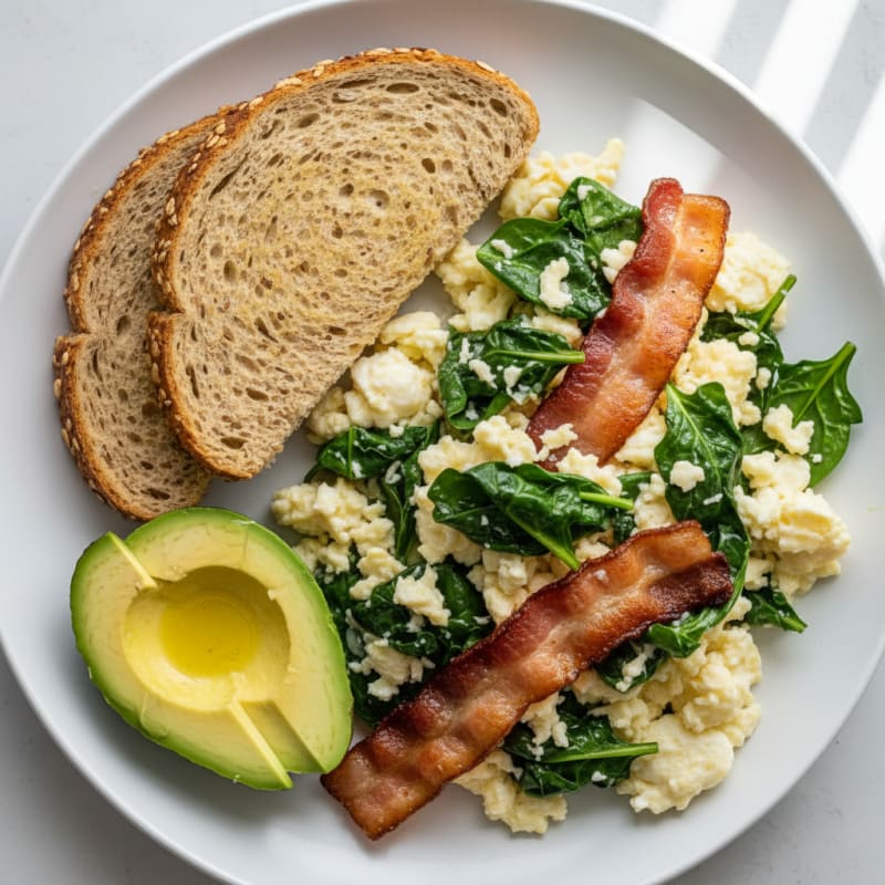 Crispy Turkey Bacon and Egg White Scramble with Spinach