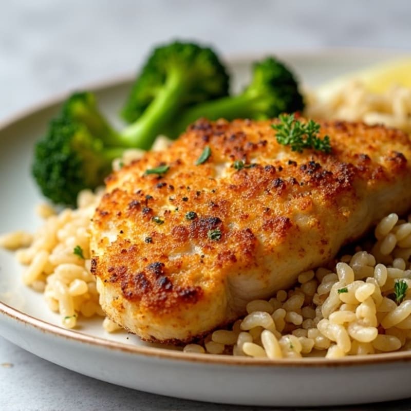 Crispy Lemon Herb Chicken with Fluffy Brown Rice and Roasted Broccoli