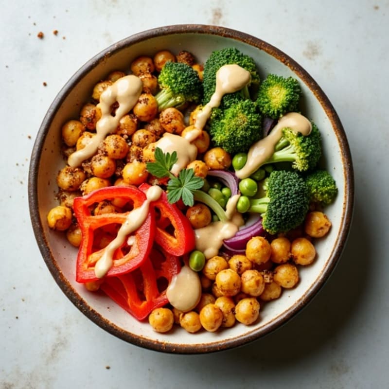Crispy Chickpea and Roasted Vegetable Power Bowl with Creamy Tahini Dressing