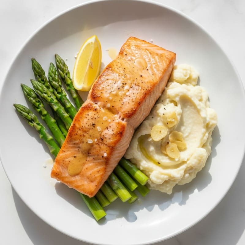 Seared Salmon with Steamed Asparagus and Garlic Mashed Cauliflower
