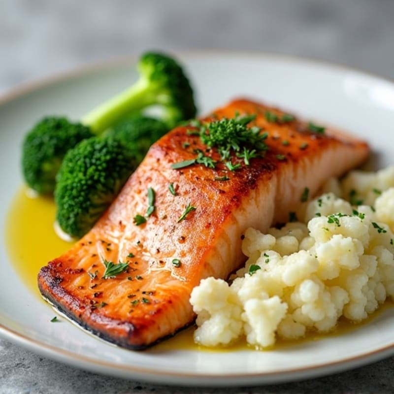 Seared Salmon with Steamed Broccoli and Garlic Mashed Cauliflower