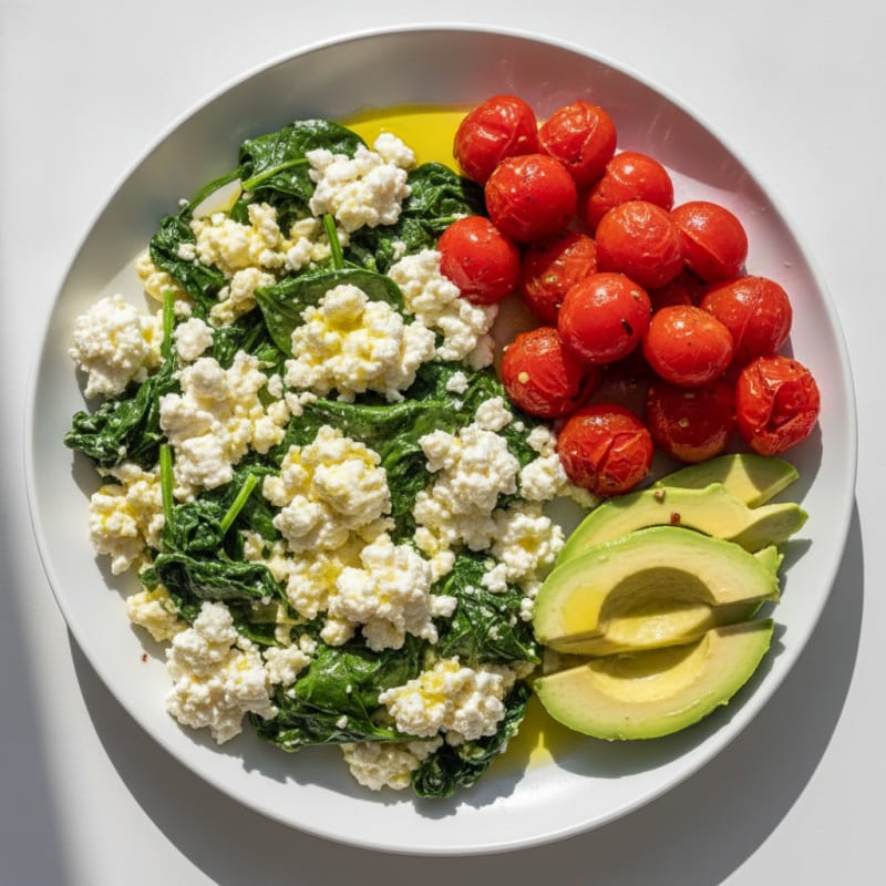 Egg White Spinach Scramble with Cottage Cheese and Cherry Tomatoes