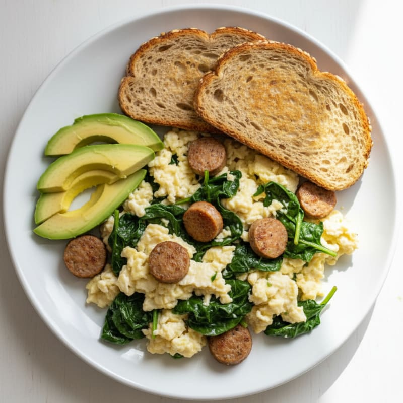 Egg White Scramble with Turkey Sausage and Wilted Spinach