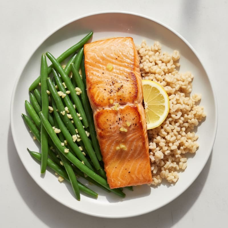 Seared Salmon Fillet with Garlic Green Beans and Brown Rice