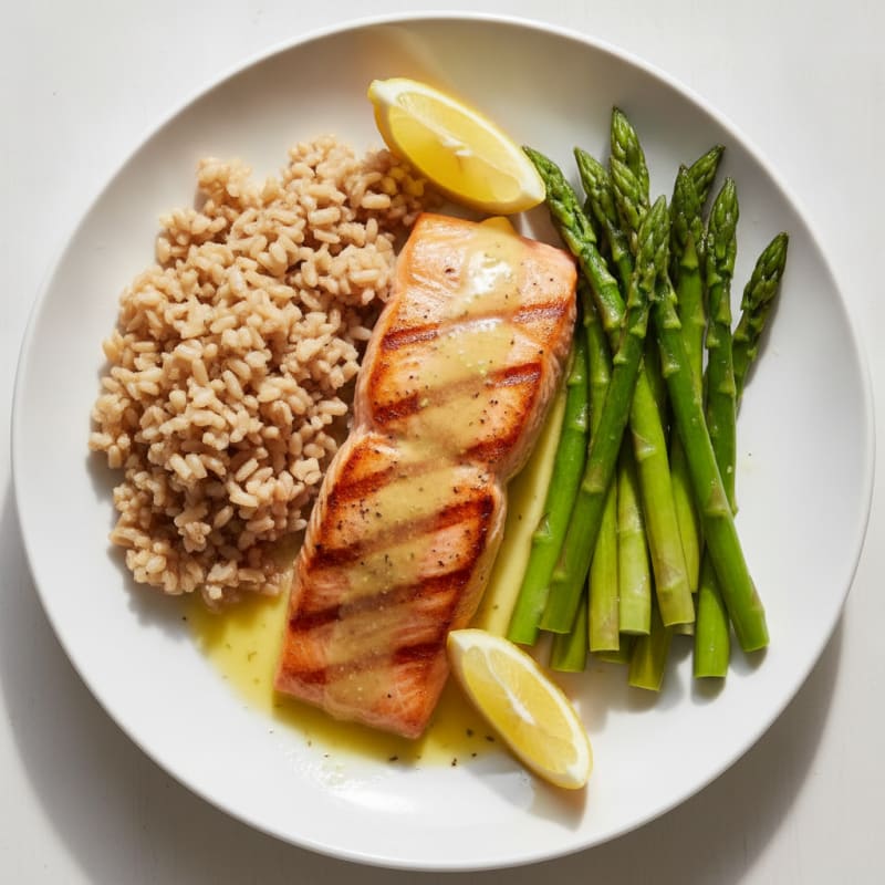 Seared Salmon Fillet with Steamed Asparagus and Brown Rice