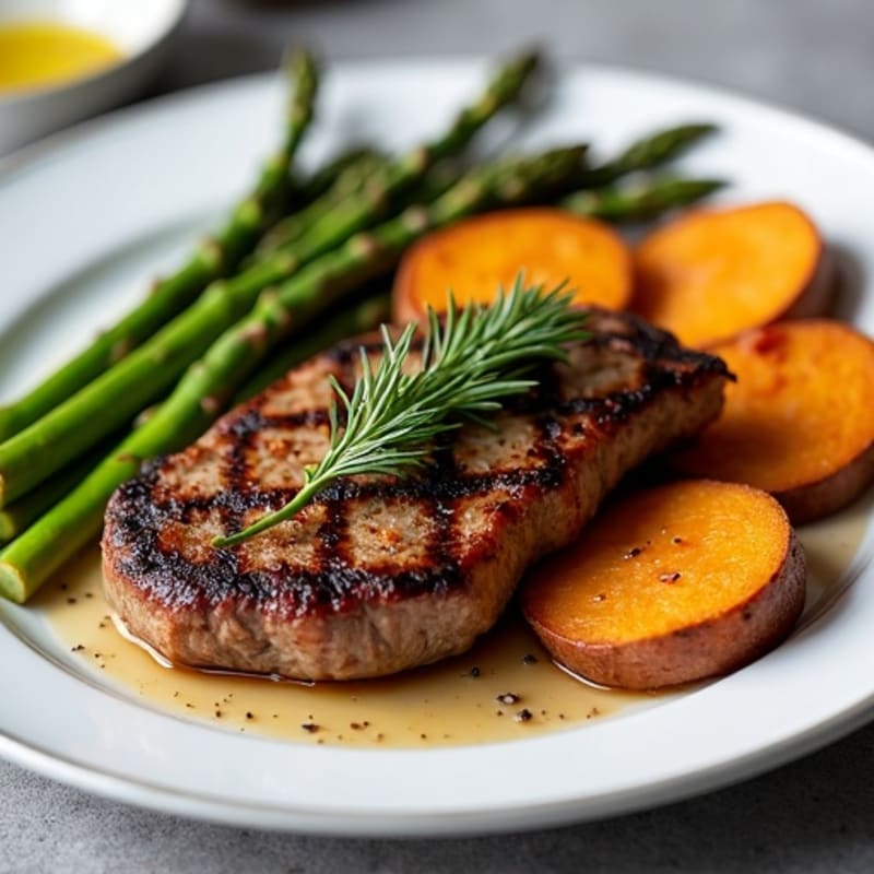 Tender Pan-Seared Steak with Roasted Asparagus and Crispy Sweet Potatoes