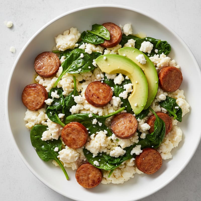 Egg White Scramble with Turkey Sausage and Sautéed Spinach