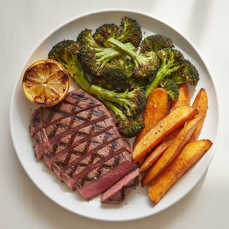 Grilled Steak with Roasted Broccoli and Sweet Potato