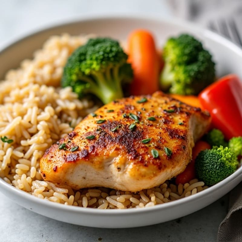 Crispy Lemon Herb Roasted Chicken with Brown Rice and Roasted Vegetables