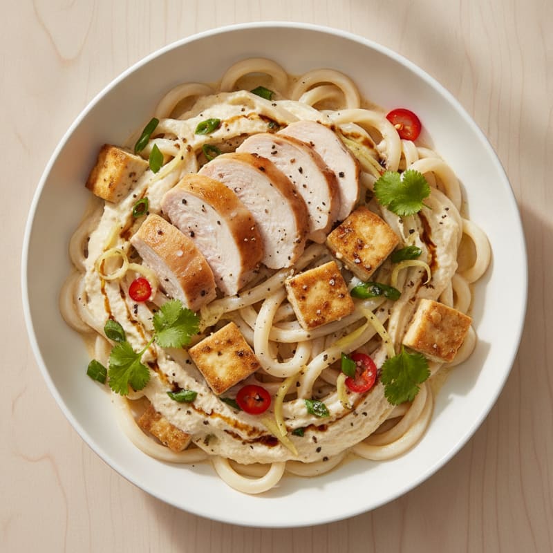 Chicken Tofu Ginger Udon Noodle Bowl