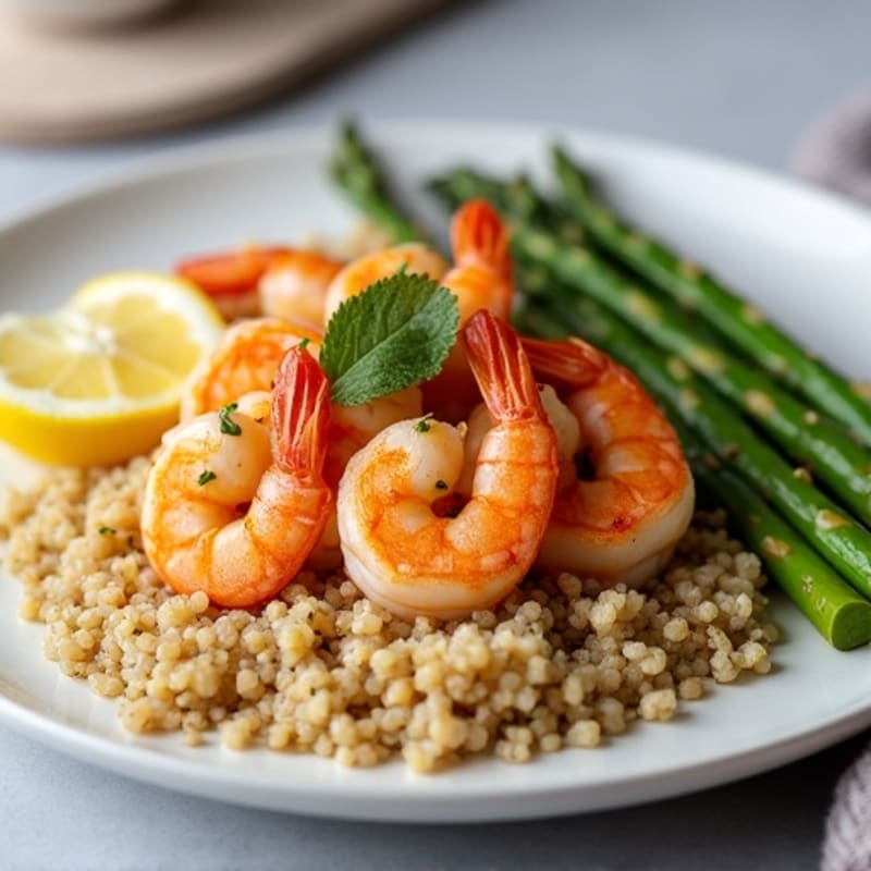 Lemon Garlic Pan-Seared Shrimp with Roasted Asparagus and Quinoa