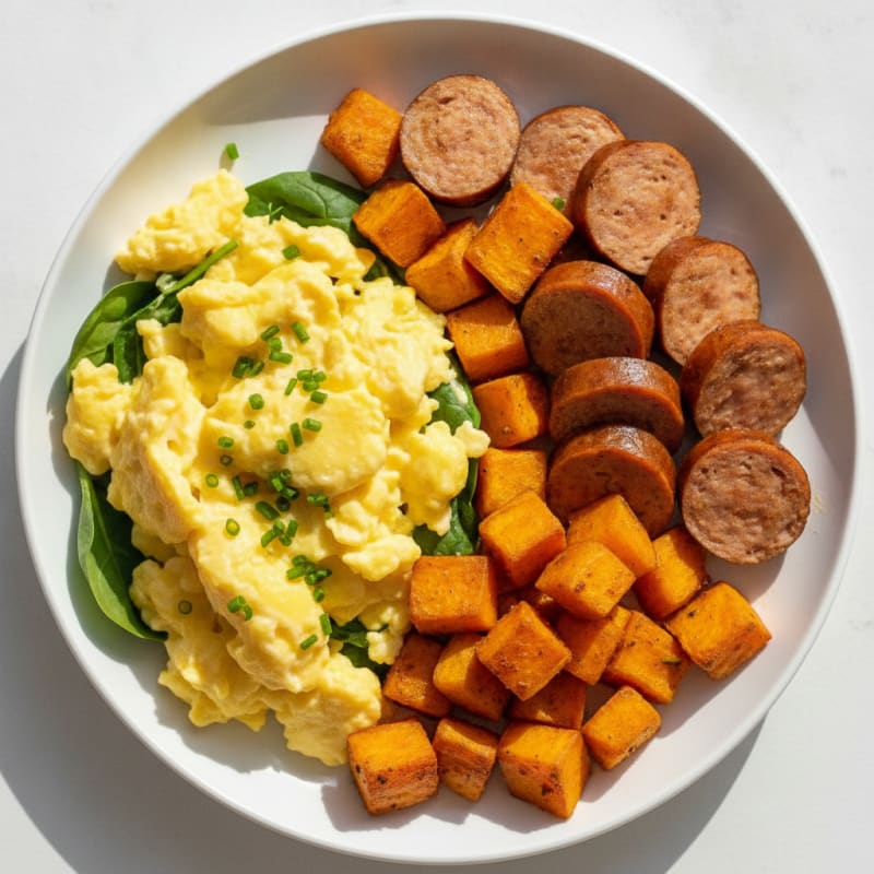 Creamy Scrambled Eggs with Chicken Sausage and Roasted Sweet Potato