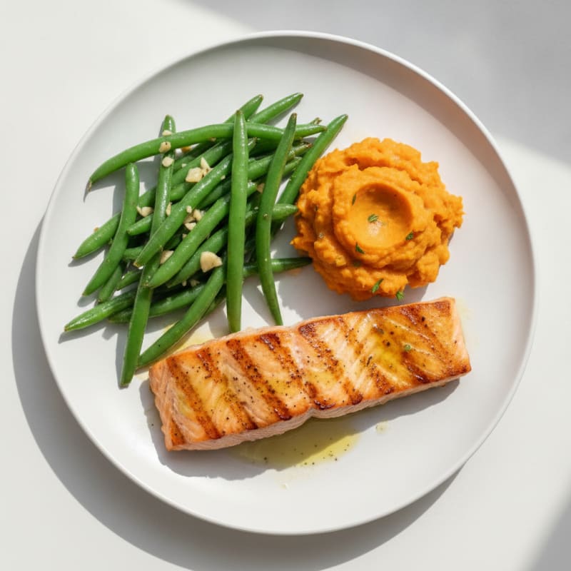 Seared Salmon with Garlic Green Beans and Sweet Potato Mash