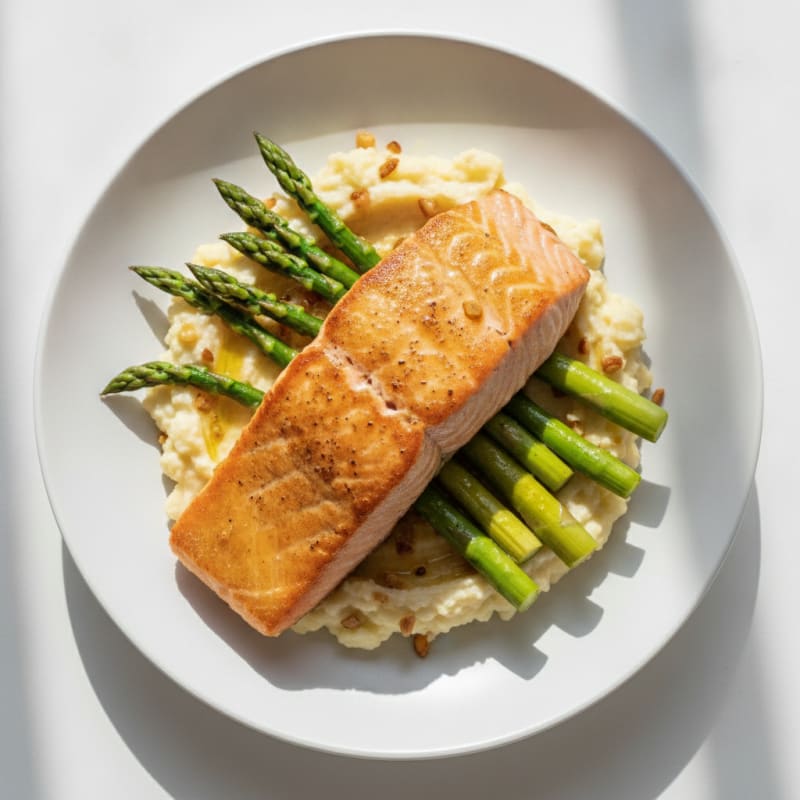 Seared Salmon with Steamed Asparagus and Garlic Mashed Cauliflower