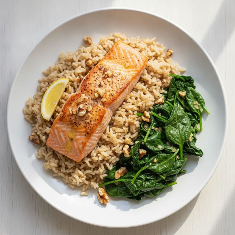 Seared Salmon Fillet with Garlic Spinach and Brown Rice Pilaf