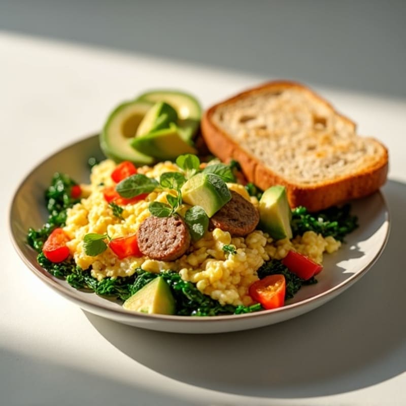 Egg White and Turkey Sausage Scramble with Spinach, Bell Pepper, Toast & Avocado
