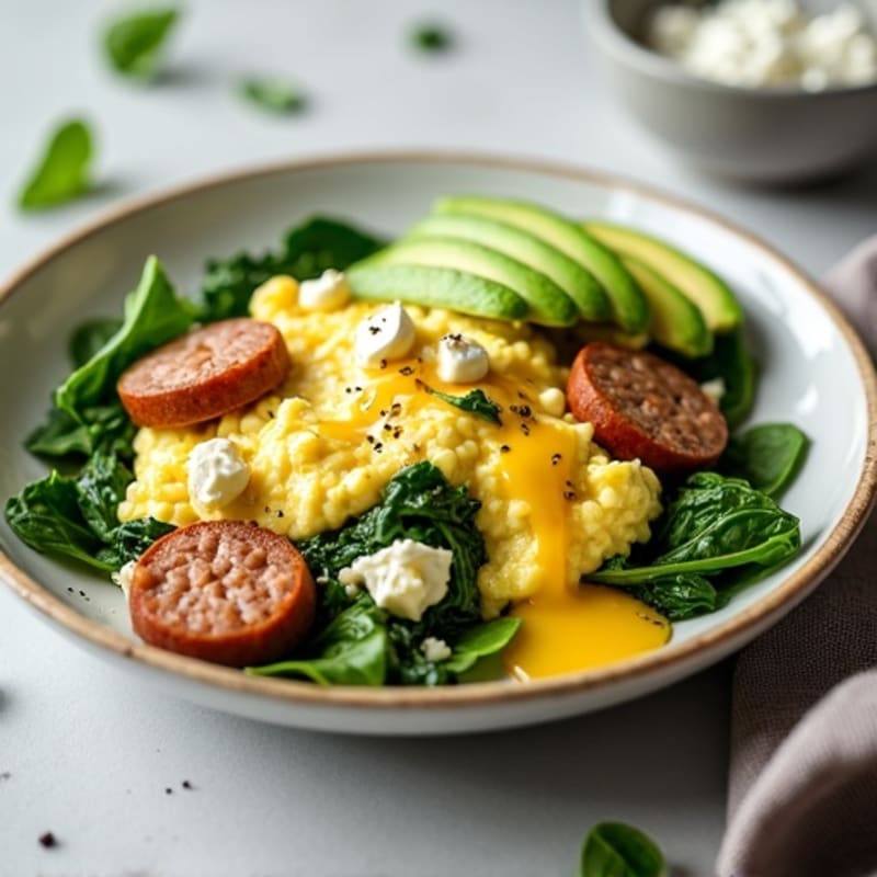 Egg White Spinach Scramble with Turkey Sausage and Cottage Cheese