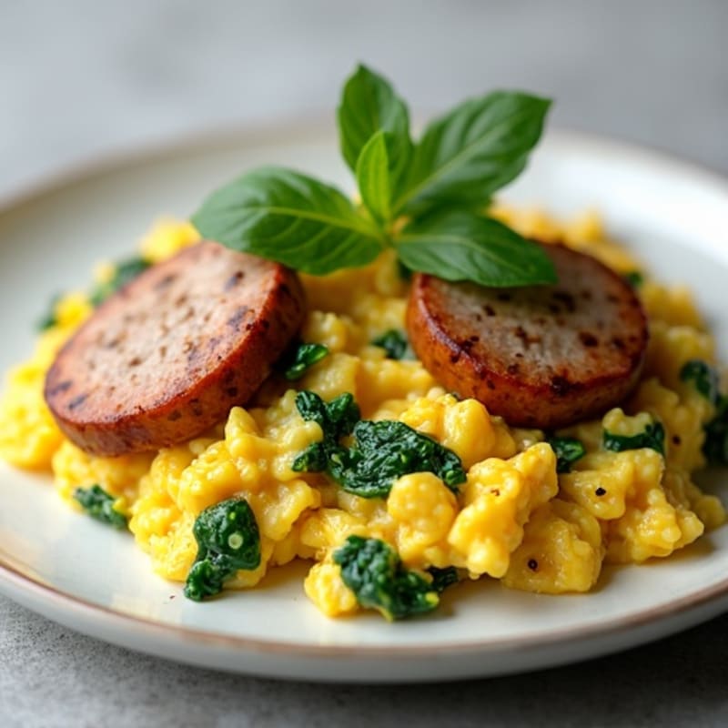 Egg White and Turkey Sausage Scramble with Sautéed Spinach