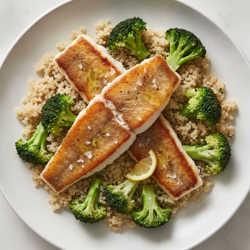Seared Cod with Steamed Broccoli and Quinoa