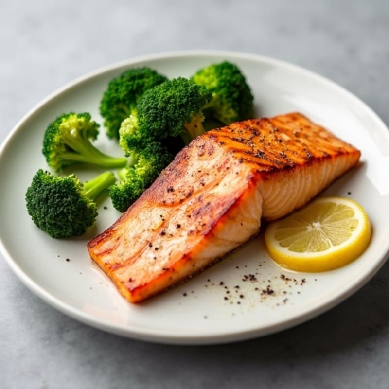 Seared Salmon Fillet with Steamed Broccoli and Lemon