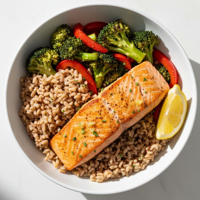 Salmon Power Bowl with Roasted Vegetables and Brown Rice