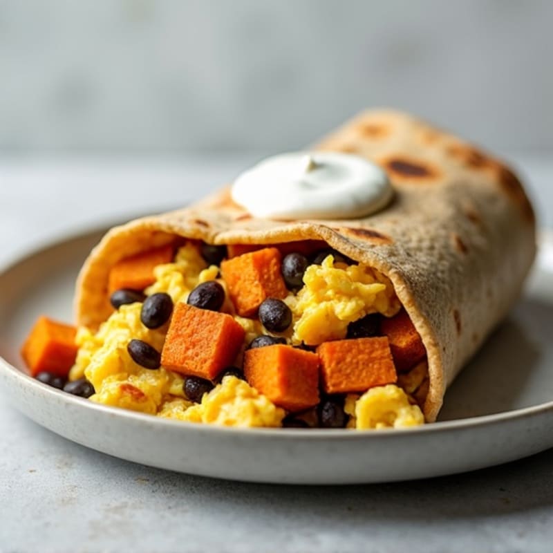 Whole Wheat Scrambled Egg, Black Bean, and Roasted Sweet Potato Burrito
