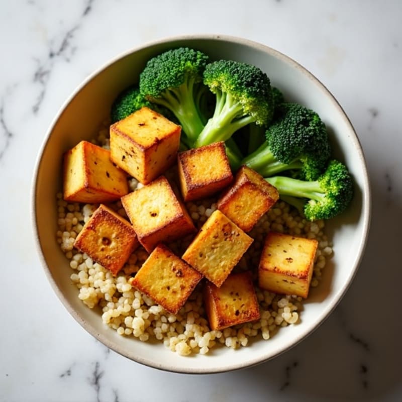 Crispy Baked Tofu with Garlic Roasted Broccoli and Fluffy Quinoa